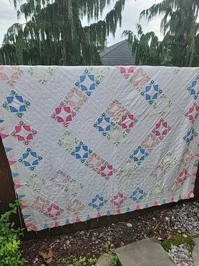 Vintage Handmade Cotton Patchwork Quilt in Pink, Blue & Green 79x78
